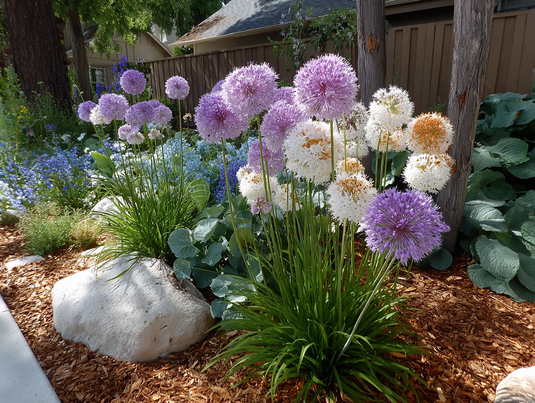 Purple allium globes in a garden