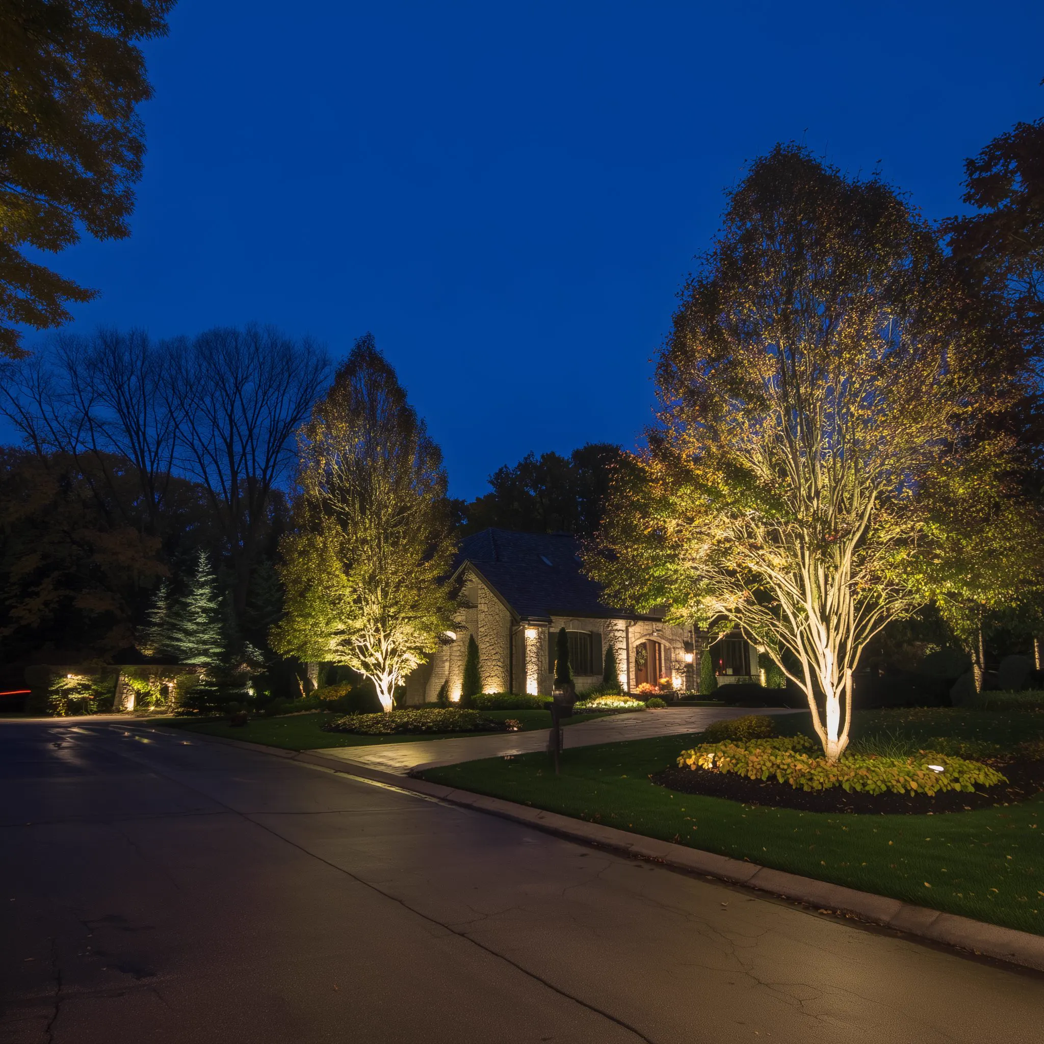 Landscape lighting on front of house and trees in Pittsburgh