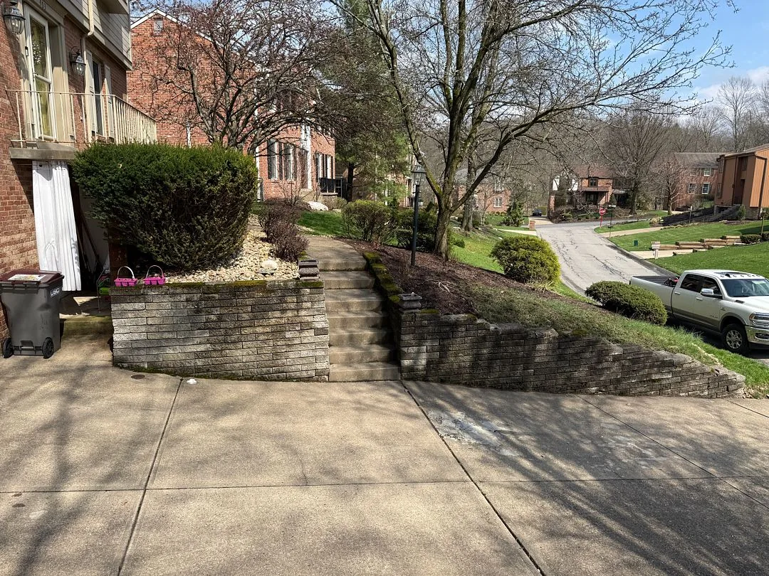 Before: the old stone wall and steps beside the driveway at the front of the house