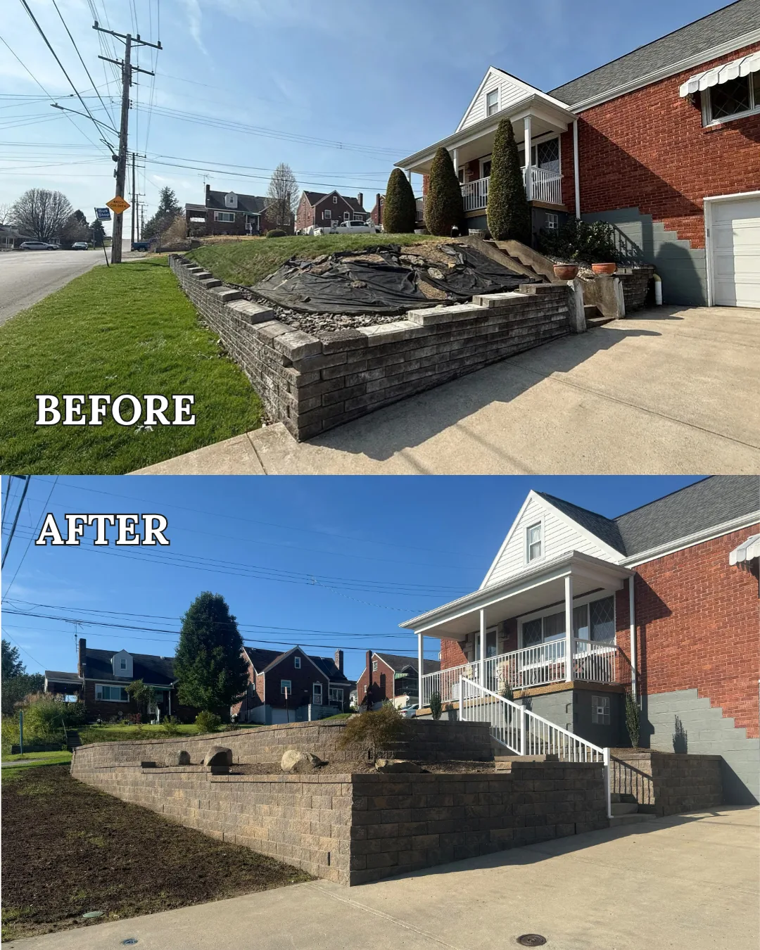 Before (top) and after (bottom) of the front wall and steps at the West Mifflin home